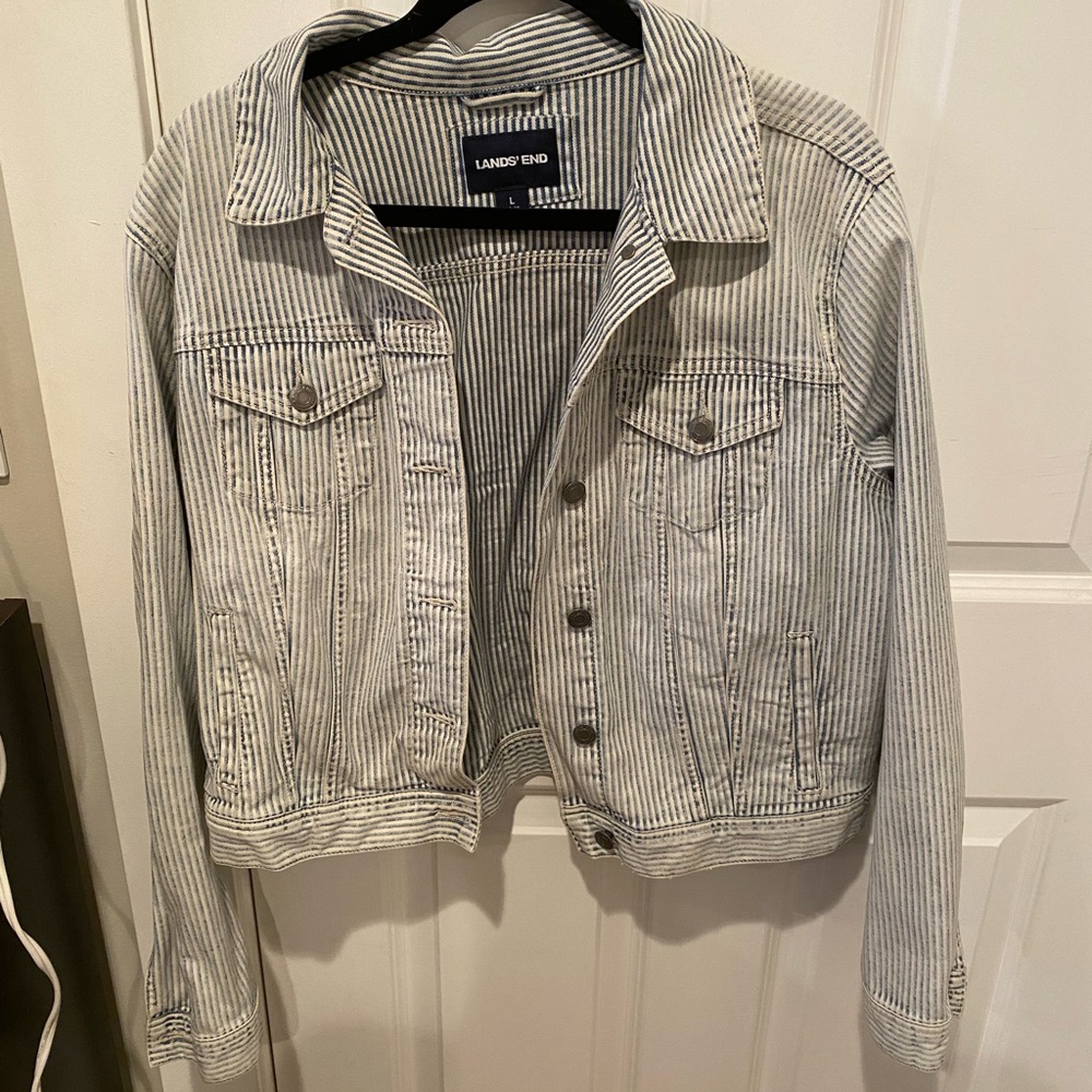 Lands' End Blue/White Striped Jean Jacket Classic Denim Style